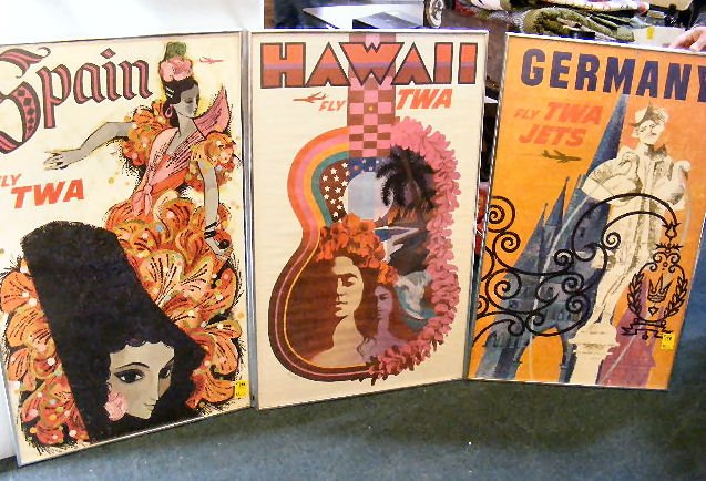 3 TWA travel posters, framed, 40.25" x 25.5" (one: 3 TWA travel posters, framed, 40.25" x 25.5" (one has cracked glass). Germany, Hawaii & Spain.