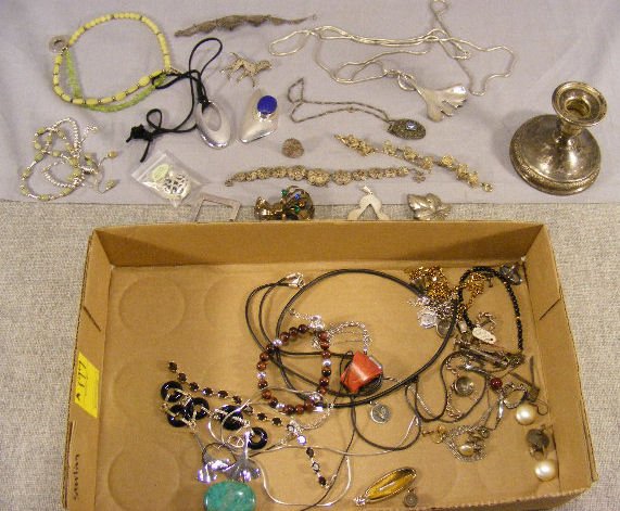 Sterling jewelry, necklaces, pins, bracelets, wei: Sterling jewelry, necklaces, pins, bracelets, weighted candle stick, etc.