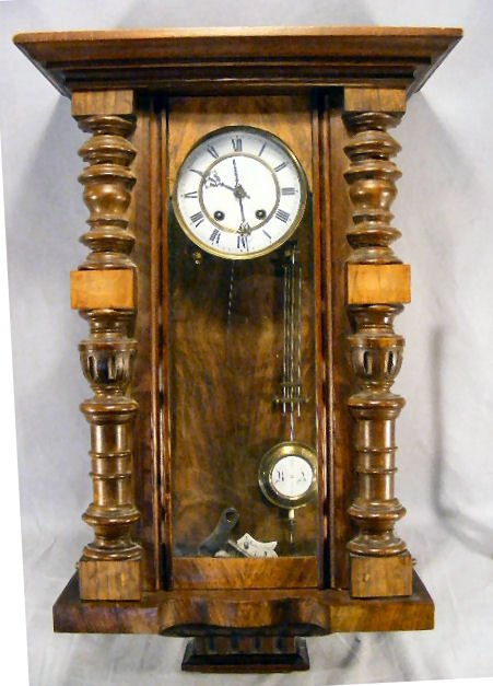 Vienna or German regulator clock, walnut case wit: Vienna or German regulator clock, walnut case without gallery & bottom finial, 27" long