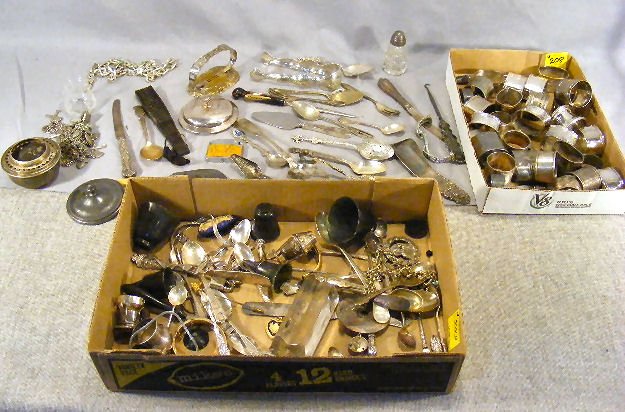 Lot of misc. silverplate flatware and napkin ring: Lot of misc. silverplate flatware and napkin rings, button hooks, shoe horn, bottle label, chains, etc.