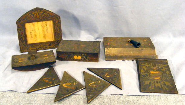 Arts & Crafts Silver Crest desk set with blotter : Arts & Crafts Silver Crest desk set with blotter corners, ink blotter, pad holder, calendar, box and pen holder (pen holder off base)