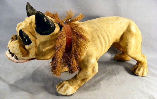 Antique papier mache French bulldog, growler, pul: Antique papier mache French bulldog, growler, pull toy. 22" long.
