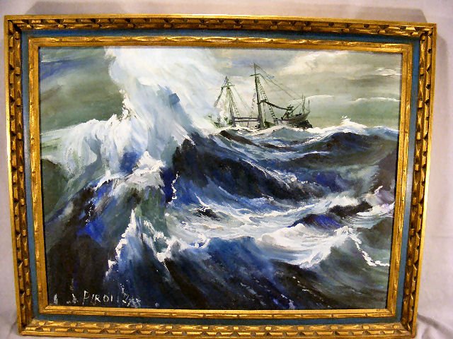 Oil on canvas, ship in storm. Artist signed. 36" : Oil on canvas, ship in storm. Artist signed. 36" x 28"