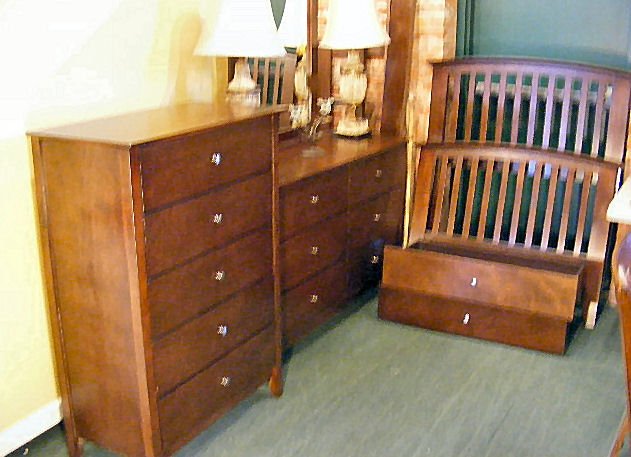 Contemporary bedroom set, twin size bed, mirrored: Contemporary bedroom set, twin size bed, mirrored dresser 53" long & 80" high, tall chest, under bed storage units, pair of matching lamps and candle holder - like new condition