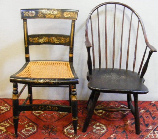 Antique Windsor continuous arm chair, legs shorte: Antique Windsor continuous arm chair, legs shortened (15" seat to floor) and antique Hitchcock style side chair with some over painting.