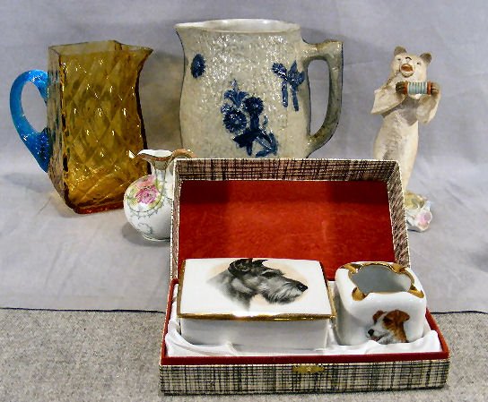 Lot including blue & white stoneware pitcher, bis: Lot including blue & white stoneware pitcher, bisque figurine of circus bear playing concertina, Limoges cigarette box & ashtray, art glass pitcher with heat check by handle and spout chips, Nippon pi