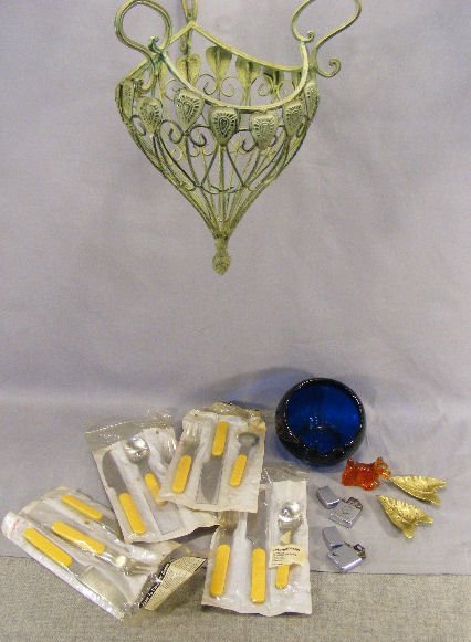 Misc. lot including metal hanging basket, four se: Misc. lot including metal hanging basket, four sets Dansk Summerhouse flatware, two Zippo lighters (one for pipe), etc.
