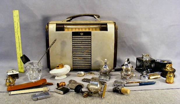 Misc. lot including RCA radio, cigarette lighters: Misc. lot including RCA radio, cigarette lighters, miniature German clock, silver plate, slide ruler, etc.
