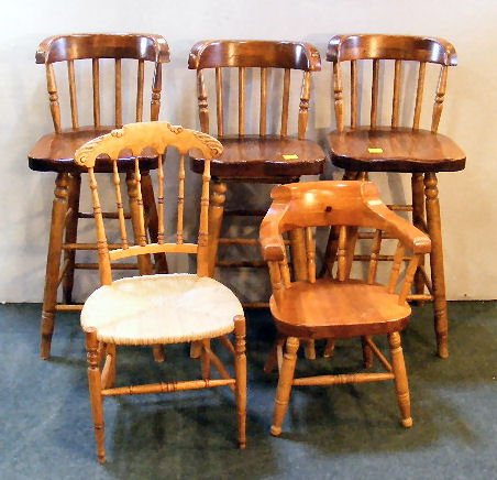 Lot of five chairs including 3 pine swivel bar st: Lot of five chairs including 3 pine swivel bar stools, child's Windsor chair and Victorian side chair