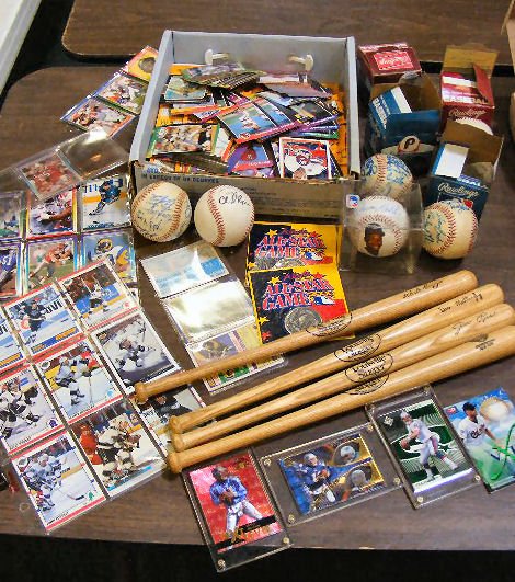 Lot of misc. baseball, hockey & football cards, s: Lot of misc. baseball, hockey & football cards, signed Eastern Leage baseballs - minor league, four souvenir bats, etc.