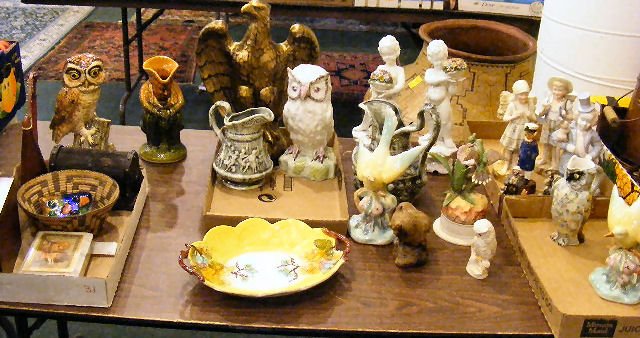 Lot of bird figurines, bisque figurines, miscella: Lot of bird figurines, bisque figurines, miscellaneous pottery, Toby jug, Mottahedeh majolica bowl(broken & glued) etc. Please note: basket featured in image #4 is not included in this lot.