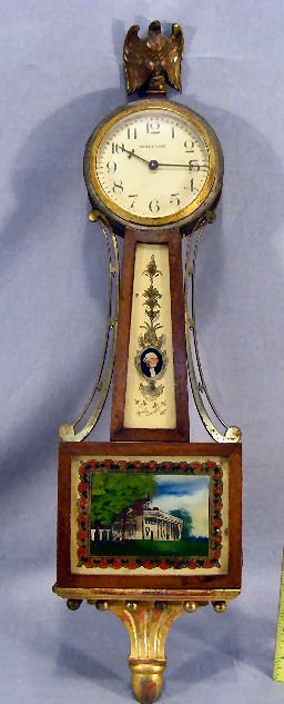 Miniature Waltham Mt. Vernon banjo clock, 20" long: Miniature Waltham Mt. Vernon banjo clock, 20" long, wear to gold and lifting veneer pictured