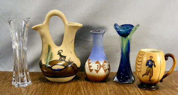 Signed Southwest native American styled pottery va: Signed Southwest native American styled pottery vases, two glass vases and Yale football mug.