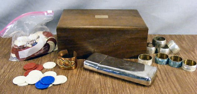 Misc. lot including cigar humidor, cigar case, Jac: Misc. lot including cigar humidor, cigar case, Jack Daniels poker chips, bracelet and misc. napkin rings