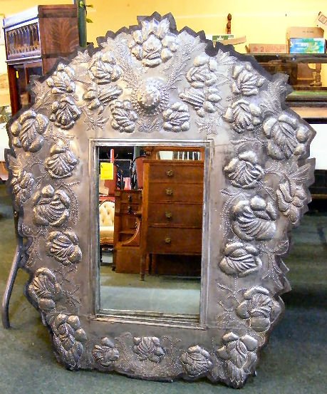 Large Mexican mirror, pierced tin, 45" high, 38" w: Large Mexican mirror, pierced tin, 45" high, 38" wide