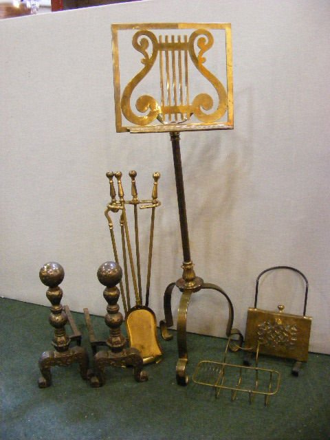 Brass music stand, brass fireplace tools, brass tu: Brass music stand, brass fireplace tools, brass tub soap & sponge holder, iron andirons