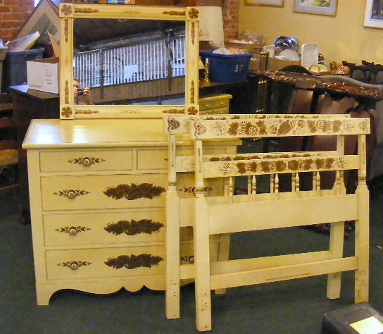 Signed Hitchcock dresser and two twin headboards,: Signed Hitchcock dresser and two twin headboards, dresser measures 35" high and 42" wide mirror unsigned