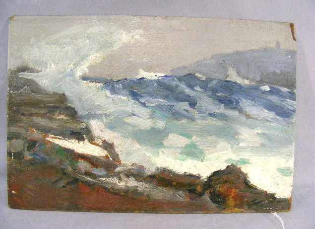 John Hall Connaway painting, possibly Monhegan Is: John Hall Connaway painting, possibly Monhegan Island Maine, coastal scene, unsigned, estate stamp on back, oil on Masonite, unframed, 12" x 18" chipped corner at the top right. (We have 3 paintings f