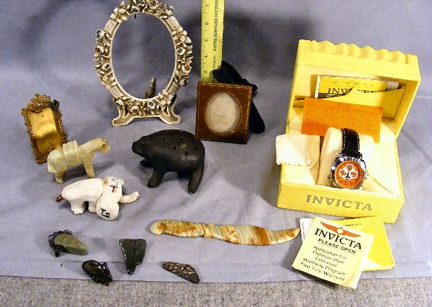 Misc. lot, Invicta tachymeter watch w/ box (2008: Misc. lot, Invicta tachymeter watch w/ box (2008 model), silver Inca pedant, frames, figurines, etc.