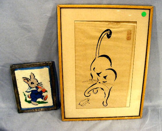 Sterling frame (bunny needle work) & Asian cat pr: Sterling frame (bunny needle work) & Asian cat print. Largest frame measures 19.75"tall.