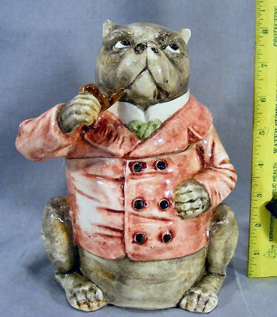 German majolica bulldog tobacco jar, 8" high, hai: German majolica bulldog tobacco jar, 8" high, hairline on body and chips on lid