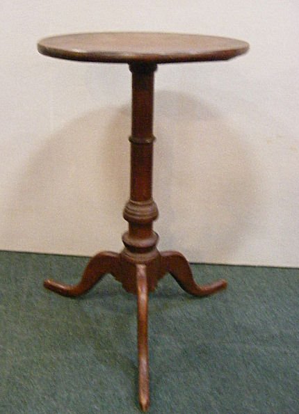 Period candle stand, mixed woods, crack on leg pi: Period candle stand, mixed woods, crack on leg pictured, 26" high, 15.5" dia. Top