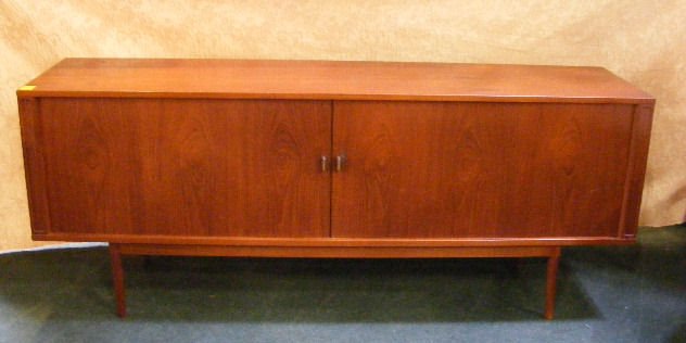 Danish modern design credenza / buffet by Lovig,: Danish modern design credenza / buffet by Lovig, teak wood, sliding doors, 31.5" tall x 79" long x 20" deep. Very minor scuffs & scratches. 5 interior drawers.