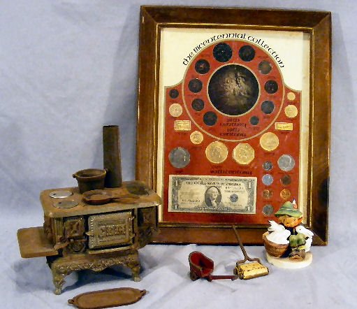 Lot including Bicentennial Coin Collection, Gem t: Lot including Bicentennial Coin Collection, Gem toy stove, Hummel figurine with crazing, toy carpet sweeper and toy cart