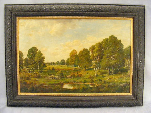 Claude E Picault oil painting on board, landscape: Claude E Picault oil painting on board, landscape with pond, image size, 21" X 14.5", French 19th century