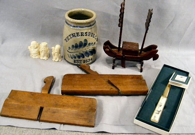 Misc. lot, plastic oriental figures, stoneware cr: Misc. lot, plastic oriental figures, stoneware crock- Wethersfield, wood planes, letter opener & Asian junk.