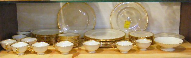 Lenox china, partial dinner service, 10 dinner pl: Lenox china, partial dinner service, 10 dinner plates, 10 salad plates, 10 bread plates, 10 cups & saucers, footed compote, 1 shallow bowl. The pattern name is TUXEDO