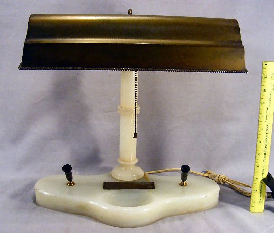 Onyx desk lamp with pen holders, dedication plaque : Onyx desk lamp with pen holders, dedication plaque dated 1938, 17" high