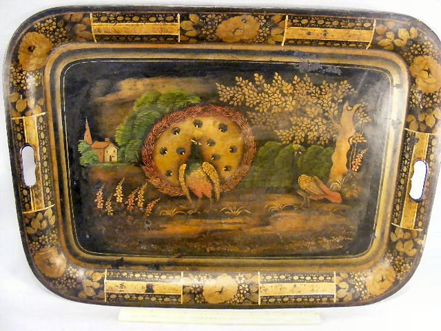 Large tole painted tray centered with peacock 24": Large tole painted tray centered with peacock 24" X 17.5", name painted on back