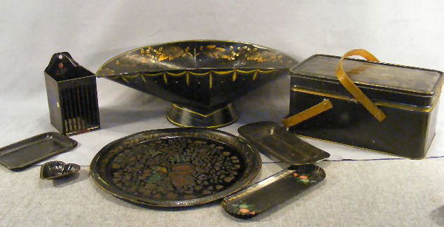 Lot of misc. tole including 13" round tray (rough): Lot of misc. tole including 13" round tray (rough), small trays, Golden Cookie tin picnic basket, etc.