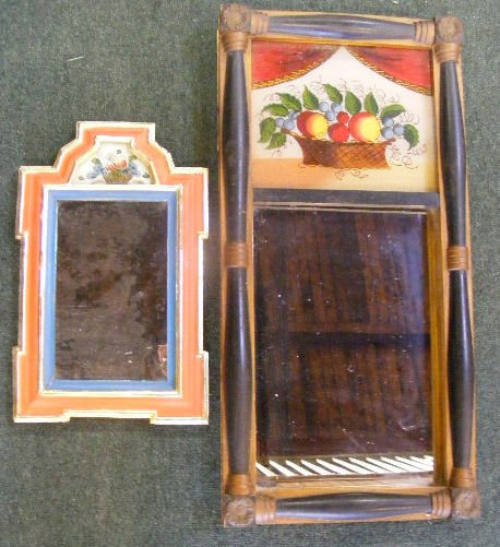 Nineteenth century courting mirror with over paint: Nineteenth century courting mirror with over painting 14" X 9", and Sheraton mirror 23" X 11"