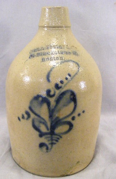 Stoneware jug, 12" high, impressed "Dean Foster &: Stoneware jug, 12" high, impressed "Dean Foster & Co. 14 Blackstone St. Boston", small tight hairline near base, small chips on lip and edge of base.