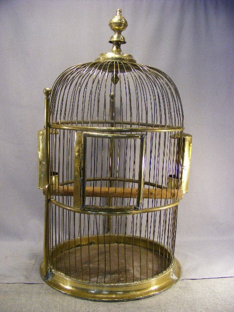 Large antique brass parrot cage, 36" high, 19" wi: Large antique brass parrot cage, 36" high, 19" wide, turning feeders, one support bar missing on side