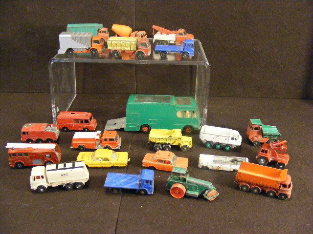 Lot of Lesney Matchbox trucks & cars, 22 pieces,: Lot of Lesney Matchbox trucks & cars, 22 pieces, played with, sold as is