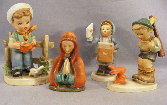 Lot including Hummel Sensitive Hunter (small chip: Lot including Hummel Sensitive Hunter (small chip on foot), Hummel Mailman, Goeble Madonna with crown mark, and Japanese figurine