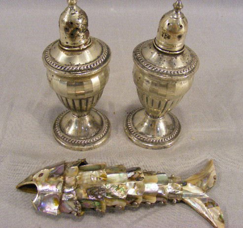 Sterling silver salt & pepper shakers, glass inte: Sterling silver salt & pepper shakers, glass interiors, and Mexican figural fish bottle opener - abalone shell & base metal