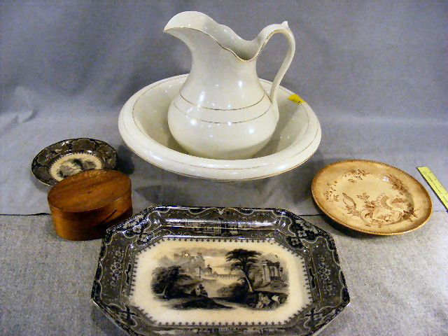 Lot including pitcher & bowl set, 6" oval box, mu: Lot including pitcher & bowl set, 6" oval box, mulberry 15" platter stained and two plates (as is)