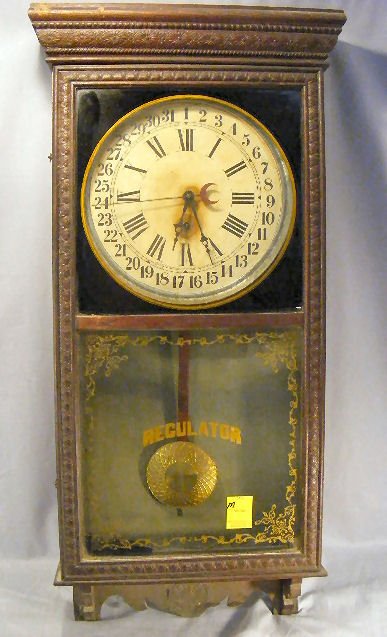 Sessions Regulator calendar clock, 39" high, 18" : Sessions Regulator calendar clock, 39" high, 18" wide, all original, sold as is, together with Eastman Studio Scale