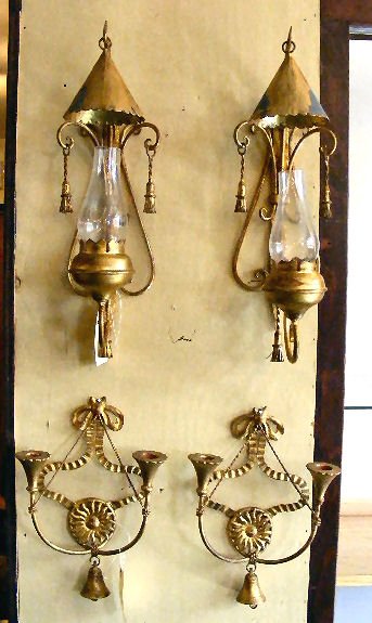Two pair of Palladio Italy gilded wall sconces, 20: Two pair of Palladio Italy gilded wall sconces, 20" and 13" high, larger pair have peeling paint on shades