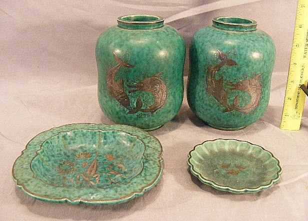 Lot of Gustavsberg Argenta, two 6" vases with fish: Lot of Gustavsberg Argenta, two 6" vases with fish motif and 6.5" and 4" dishes