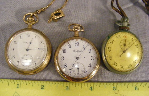 Two pocket watches, Rockford and Elgin both second: Two pocket watches, Rockford and Elgin both second hands together with Olympic stop watch, all in running order.