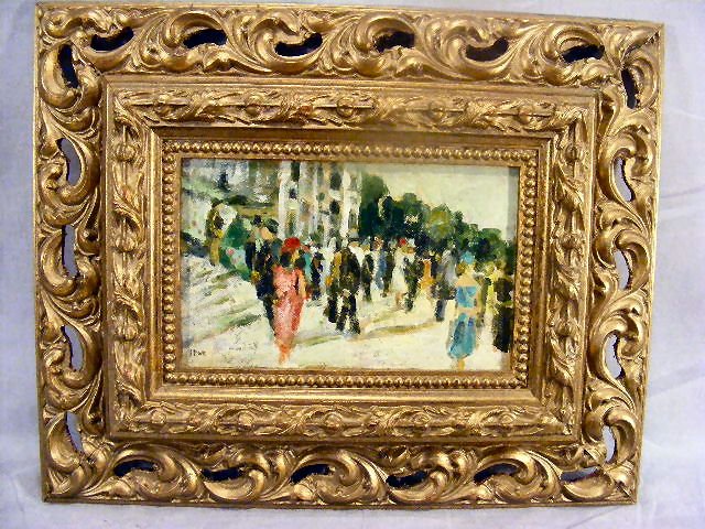 Oil painting on canvas by Gabriel Spat: Oil painting on canvas by Gabriel Spat, "Les Courses A Deauville (1924) image size 9.5" X 6". Canvas is loose and not attached to backing or stretcher.