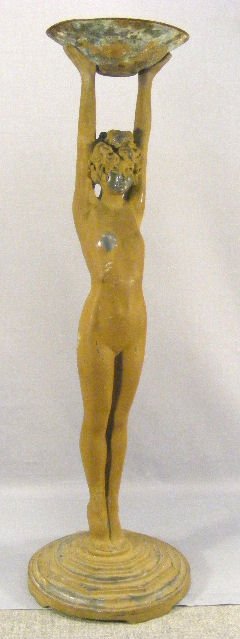 Art deco nude figural plant stand or standing asht: Art deco nude figural plant stand or standing ashtray, paint peeling, 25" high
