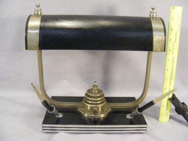 Art deco desk lamp with pen holders, one pen broke: Art deco desk lamp with pen holders, one pen broken, shade repainted, no maker mark, 12" high, needs new cord