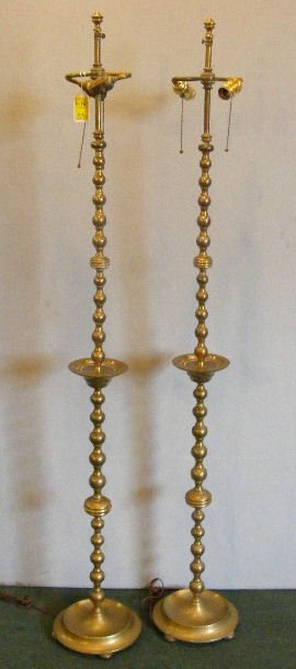 Pair of solid brass floor lamps, 61" high to top o: Pair of solid brass floor lamps, 61" high to top of finial