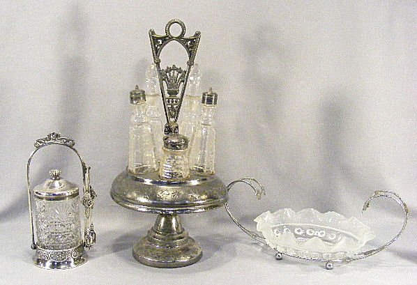 Silver plate lot including Pairpoint pickle castor: Silver plate lot including Pairpoint pickle castor, five bottle castor set - all bottles matching and pressed glass bowl in silver plated frame